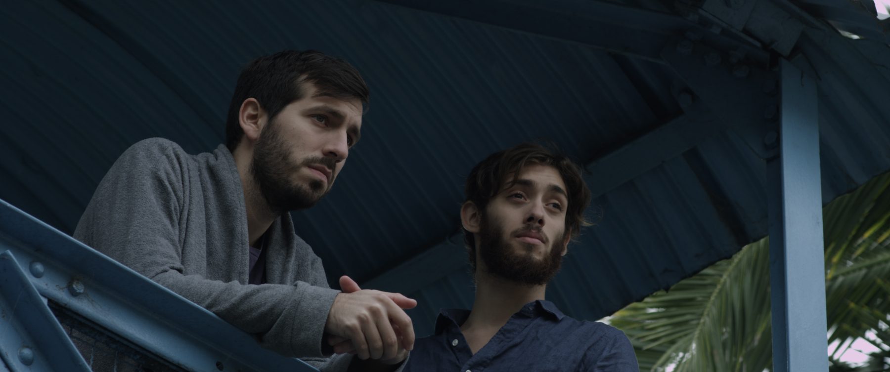 Dos hombres conversando al aire libre, entre plantas y luz de tarde
